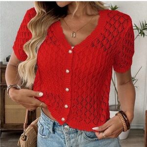 Red Knit Button-Up Cardigan